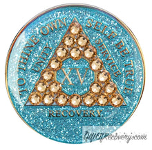 Load image into Gallery viewer, Sobriety Chip AA Crystallized Glitter Triplate Aqua &amp; Gold 15
