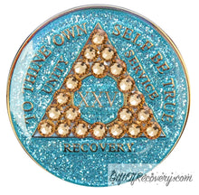 Load image into Gallery viewer, Sobriety Chip AA Crystallized Glitter Triplate Aqua &amp; Gold 25
