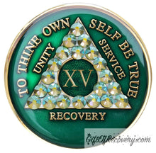 Load image into Gallery viewer, Sobriety Chip AA Crystallized Green Peridot Ab Medallion 15

