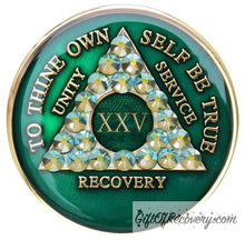 Load image into Gallery viewer, Sobriety Chip AA Crystallized Green Peridot Ab Medallion 25
