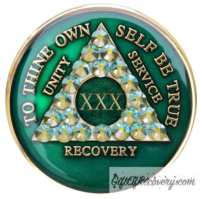 Sobriety Chip AA Crystallized Green Peridot Ab Medallion 30