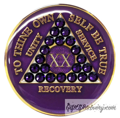 20 year AA medallion purple amethyst, adorned with 21 genuine purple velvet CZ crystals, purple is the color of recovery, let is shine through and through. to thine own self be true, unity, service, recovery embossed with 14k gold-plated brass and sealed with resin for a glossy finish that is scratch proof and will last.