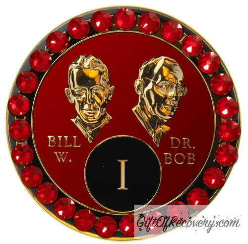 Sobriety Chip AA Crystallized Red Bill & Bob Triplate Siam Bling 1