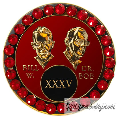 Sobriety Chip AA Crystallized Red Bill & Bob Triplate Siam Bling 35