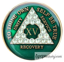 Load image into Gallery viewer, Sobriety Chip AA Crystallized Triplate Green &amp; Diamond 15
