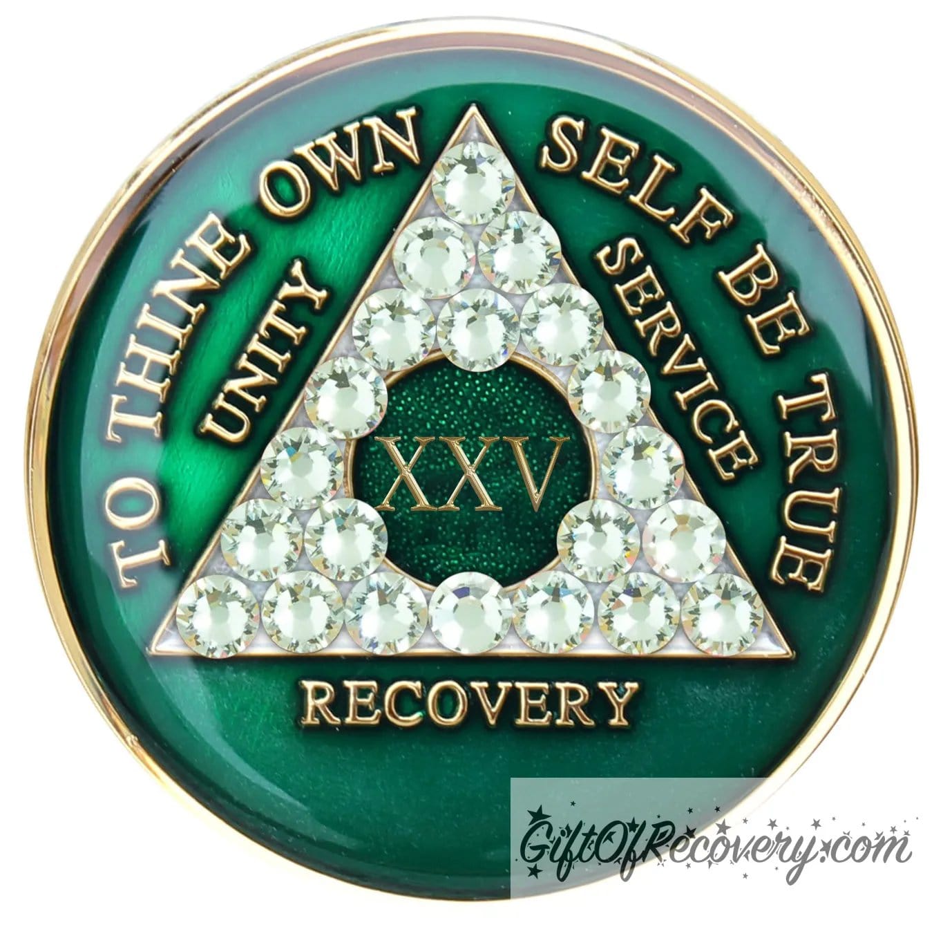 25 year AA medallion Emerald green with 21 genuine diamond CZ crystals that make the triangle, to represent transformation under pressure in the program, AA slogan and three legacies are embossed with 14k gold-plated brass and sealed for a glossy finish that will last.