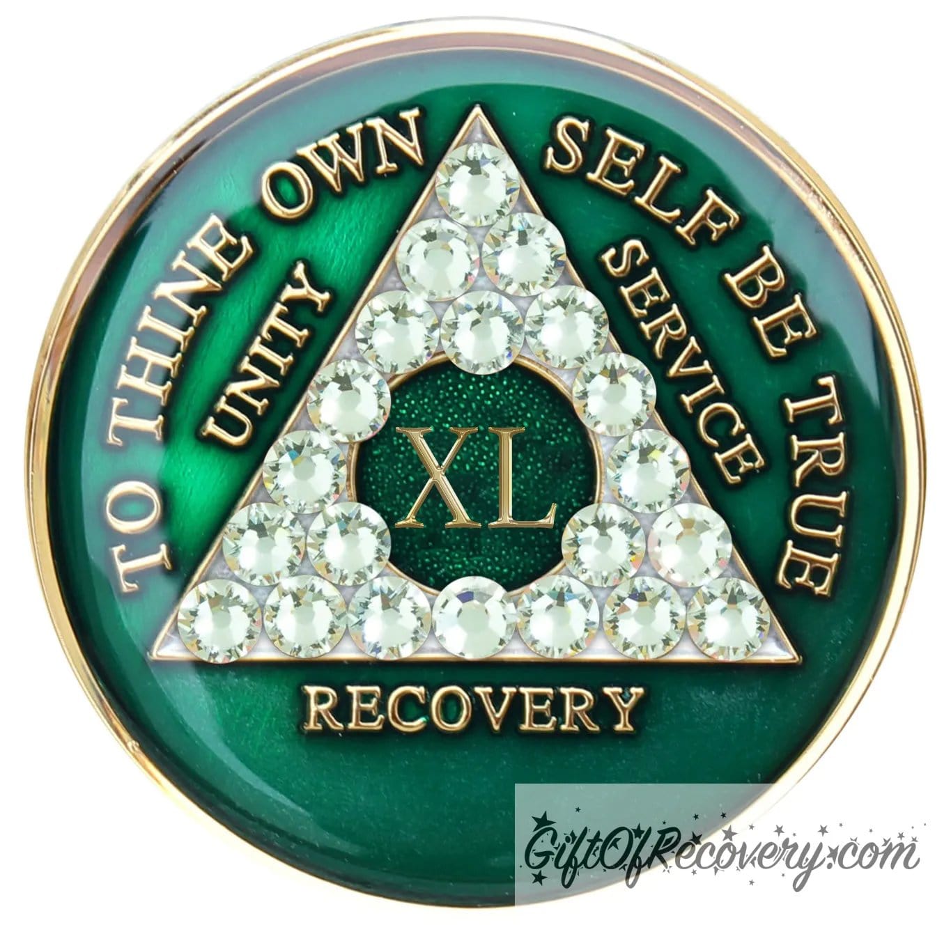 40 year AA medallion Emerald green with 21 genuine diamond CZ crystals that make the triangle, to represent transformation under pressure in the program, AA slogan and three legacies are embossed with 14k gold-plated brass and sealed for a glossy finish that will last.