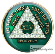 Load image into Gallery viewer, Sobriety Chip AA Crystallized Triplate Green &amp; Diamond 45
