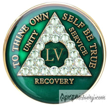 Load image into Gallery viewer, Sobriety Chip AA Crystallized Triplate Green &amp; Diamond 55
