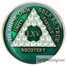 Load image into Gallery viewer, Sobriety Chip AA Crystallized Triplate Green &amp; Diamond 65
