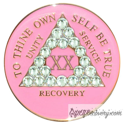 Sobriety Chip AA Crystallized Triplate Pink & Diamond 20