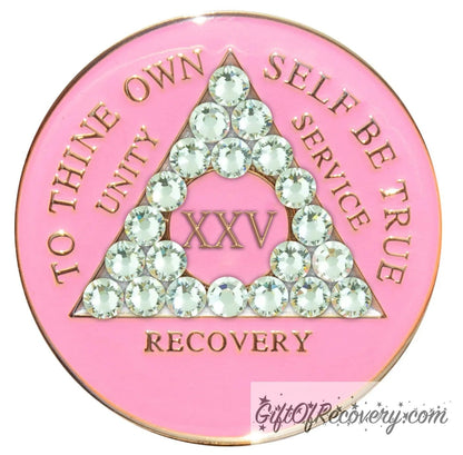 Sobriety Chip AA Crystallized Triplate Pink & Diamond 25