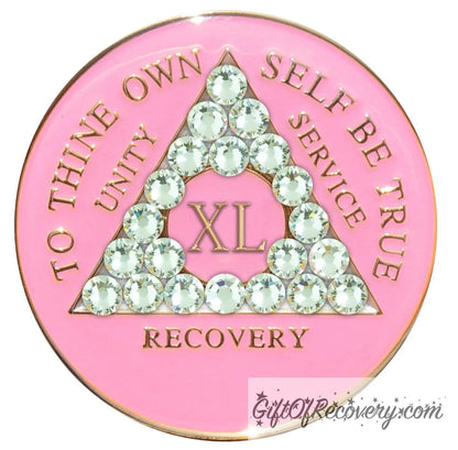 Sobriety Chip AA Crystallized Triplate Pink & Diamond 40