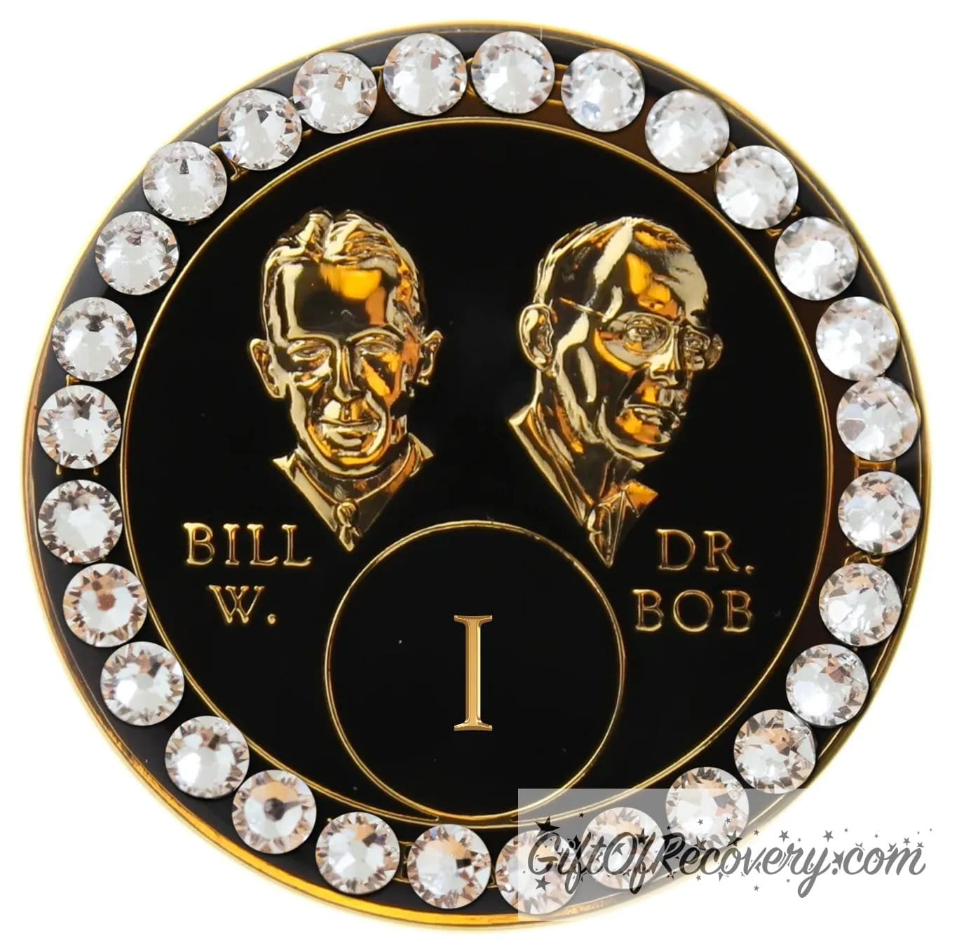 Sobriety Chip AA Diamond Bling Crystallized Black Bill & Bob Triplate 1
