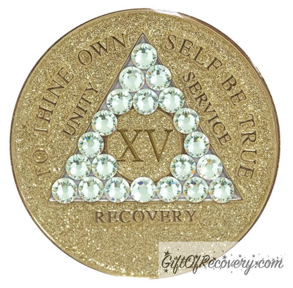Sobriety Chip AA Diamond Bling Crystallized Glitter Gold Triplate 15 Years