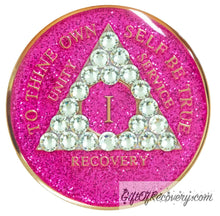 Load image into Gallery viewer, Sobriety Chip AA Diamond Bling Crystallized Glitter Pink Triplate 1
