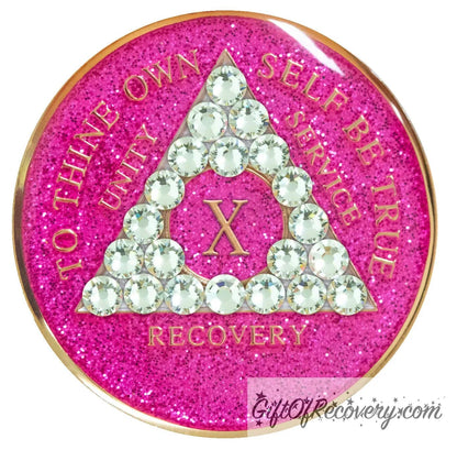 Sobriety Chip AA Diamond Bling Crystallized Glitter Pink Triplate 10