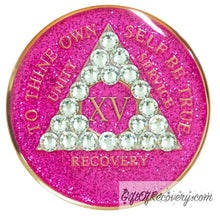 Load image into Gallery viewer, Sobriety Chip AA Diamond Bling Crystallized Glitter Pink Triplate 15
