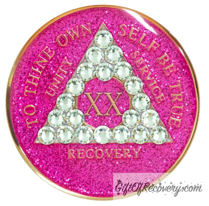Sobriety Chip AA Diamond Bling Crystallized Glitter Pink Triplate 20