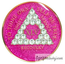 Load image into Gallery viewer, Sobriety Chip AA Diamond Bling Crystallized Glitter Pink Triplate 45
