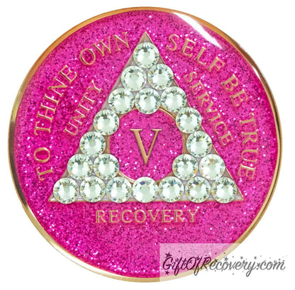 Sobriety Chip AA Diamond Bling Crystallized Glitter Pink Triplate 5