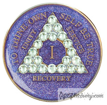 Load image into Gallery viewer, Sobriety Chip AA Diamond Bling Crystallized Glitter Purple Triplate 1

