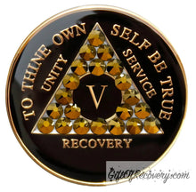 Load image into Gallery viewer, Sobriety Chip AA Dorado Bling Crystallized Black Triplate 5
