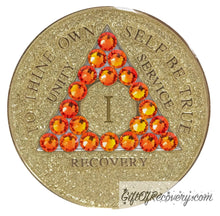 Load image into Gallery viewer, Sobriety Chip AA Fire Opal Bling Crystallized Glitter Gold Triplate 1 Year
