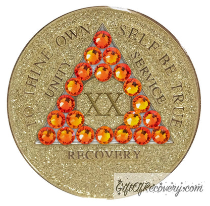 Sobriety Chip AA Fire Opal Bling Crystallized Glitter Gold Triplate 20 Years