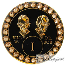 Load image into Gallery viewer, Sobriety Chip AA Gold Bling Crystallized Black Bill &amp; Bob Triplate 1
