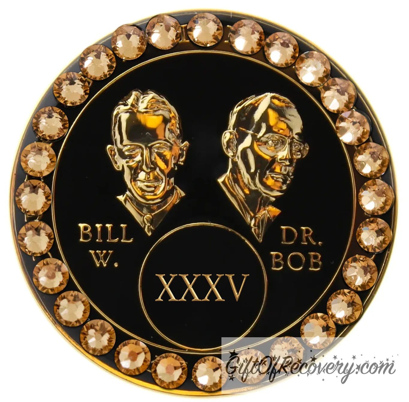 Sobriety Chip AA Gold Bling Crystallized Black Bill & Bob Triplate 35