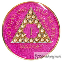 Load image into Gallery viewer, Sobriety Chip AA Gold Bling Crystallized Glitter Pink Triplate 1
