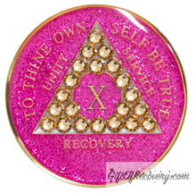 Load image into Gallery viewer, Sobriety Chip AA Gold Bling Crystallized Glitter Pink Triplate 10
