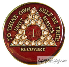 Load image into Gallery viewer, Sobriety Chip AA Gold Bling Crystallized Red Triplate 1
