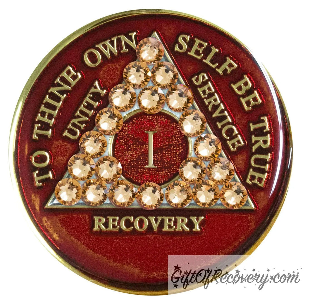 Sobriety Chip AA Gold Bling Crystallized Red Triplate 1