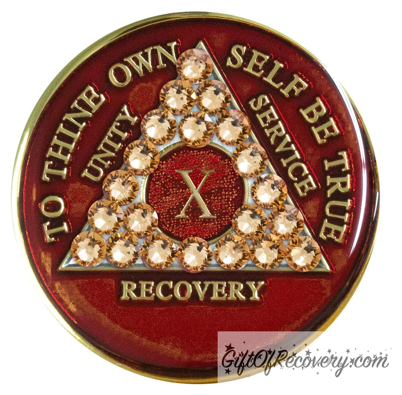 Sobriety Chip AA Gold Bling Crystallized Red Triplate 10