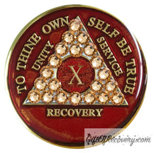 Load image into Gallery viewer, Sobriety Chip AA Gold Bling Crystallized Red Triplate 10
