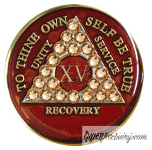 Load image into Gallery viewer, Sobriety Chip AA Gold Bling Crystallized Red Triplate 15
