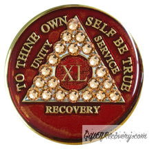 Load image into Gallery viewer, Sobriety Chip AA Gold Bling Crystallized Red Triplate 40

