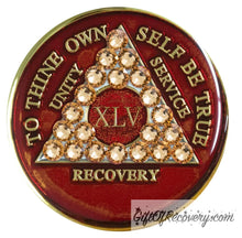 Load image into Gallery viewer, Sobriety Chip AA Gold Bling Crystallized Red Triplate 45
