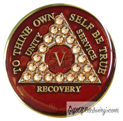 Sobriety Chip AA Gold Bling Crystallized Red Triplate 5