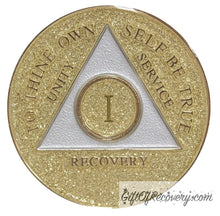 Load image into Gallery viewer, Sobriety Chip AA Gold Glitter Triplate 1 Year
