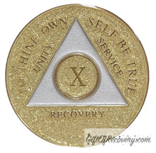 Load image into Gallery viewer, Sobriety Chip AA Gold Glitter Triplate 10 Years
