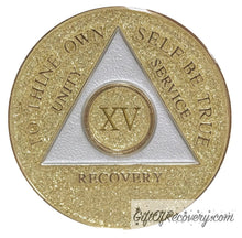 Load image into Gallery viewer, Sobriety Chip AA Gold Glitter Triplate 15 Years
