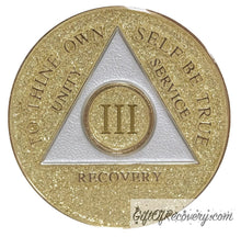 Load image into Gallery viewer, Sobriety Chip AA Gold Glitter Triplate 3 Years
