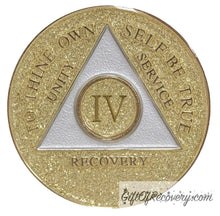 Load image into Gallery viewer, Sobriety Chip AA Gold Glitter Triplate 4 Years
