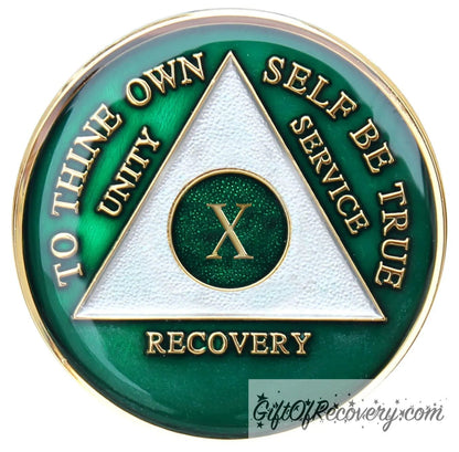 Sobriety Chip AA Green Triplate 10 Year