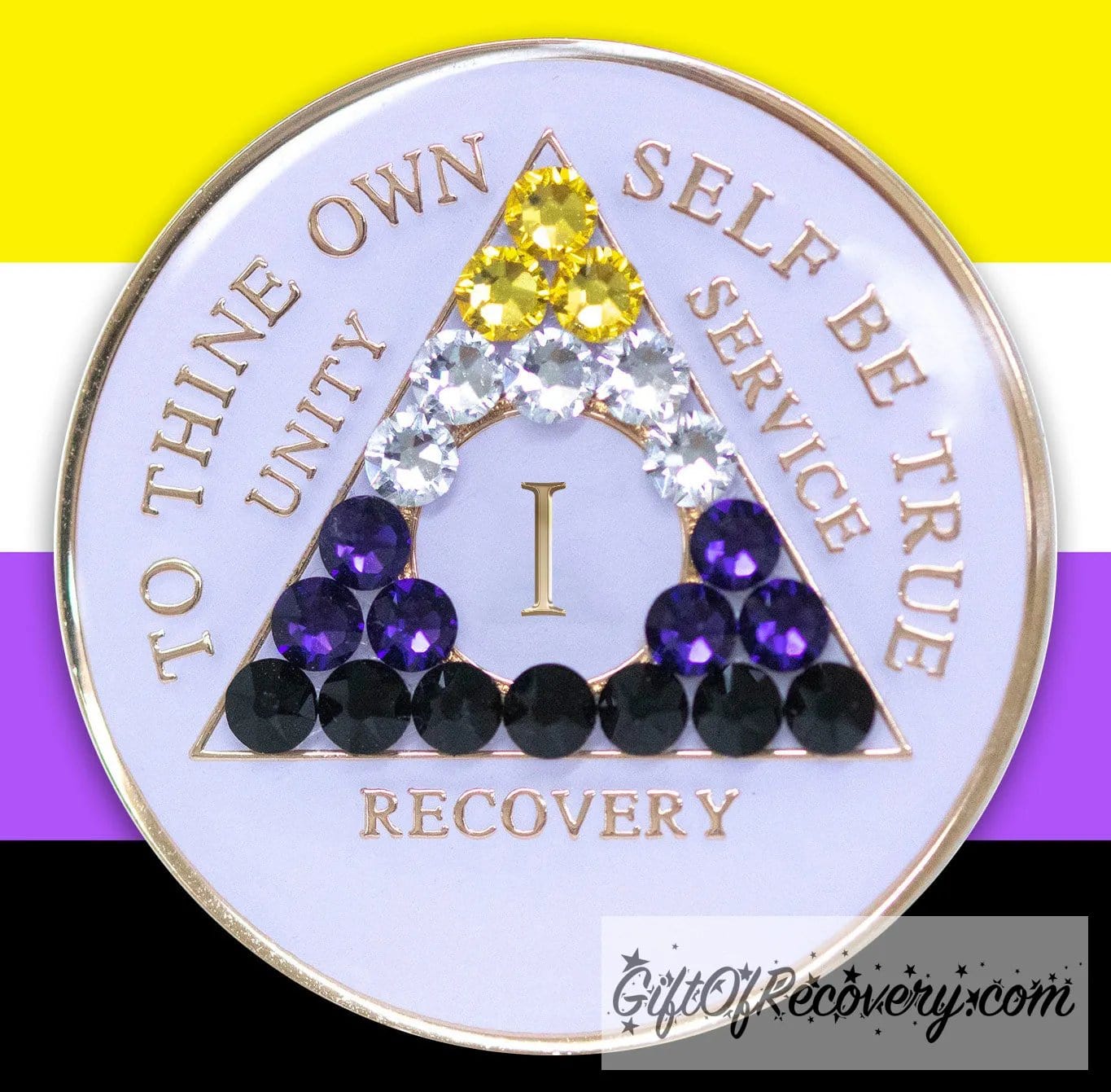Sobriety Chip AA Nonbinary Bling Crystallized White Triplate 1