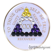 Load image into Gallery viewer, Sobriety Chip AA Nonbinary Bling Crystallized White Triplate 30

