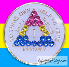 Load image into Gallery viewer, Sobriety Chip AA Pansexual Bling Crystallized White Triplate 1
